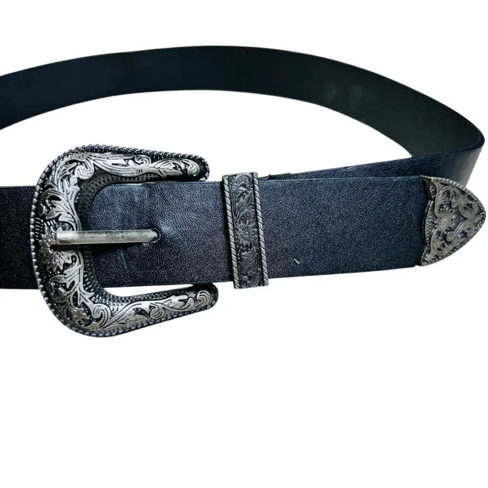 Vintage Western Belt Double Buckle Black Vegan Leather Boho